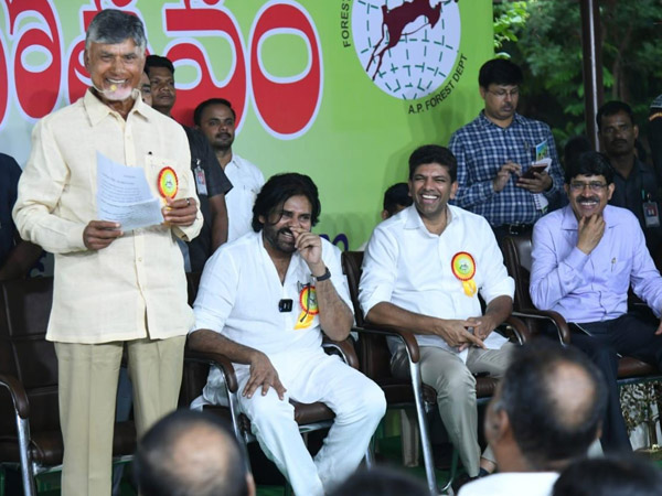 Pawan Kalyan Goes heavy laugh amid Women Speech praising Chandrababu Naidu at Vana Mahotsavam