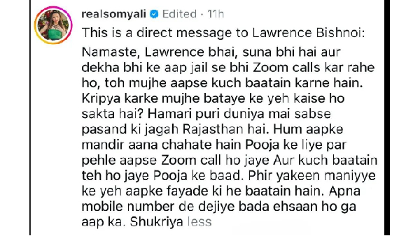 Salman Khan Ex Lover Somy Ali letter to Lawrence Bishnoi Bollywood Actress Social media post goes Viral