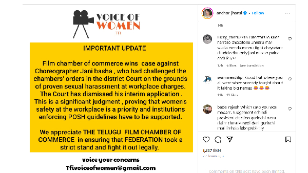Netizen Trolls on Anchor Jhansi over Instagram Post on Jani Master Case by Telugu Film Chamber