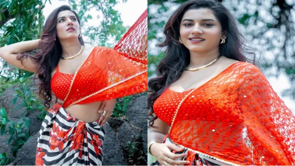 Anchor Vishnupriyaa bhimeneni stunning look in orange Embroidered Net Saree Anchor Vishnupriyaa bhimeneni stunning look in orange Embroidered Net Saree
