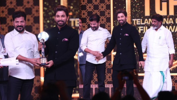 Telangana Gaddar Film Awards CM Revanth Reddy hugs Allu Arjun at Awards Presentation Ceremony Telangana Gaddar Film Awards CM Revanth Reddy hugs Allu Arjun at Awards Presentation Ceremony