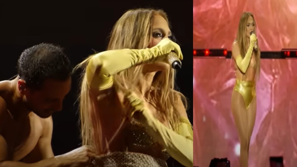 American pop star Jennifer Lopez losing her skirt during live concert